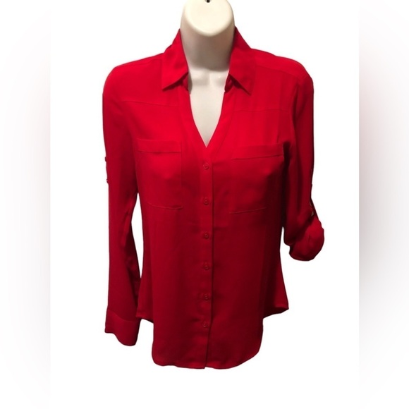 Express Portofino Blouse Roll Tab Sleeve XXS RED Business Career Wardrobe - Picture 1 of 6